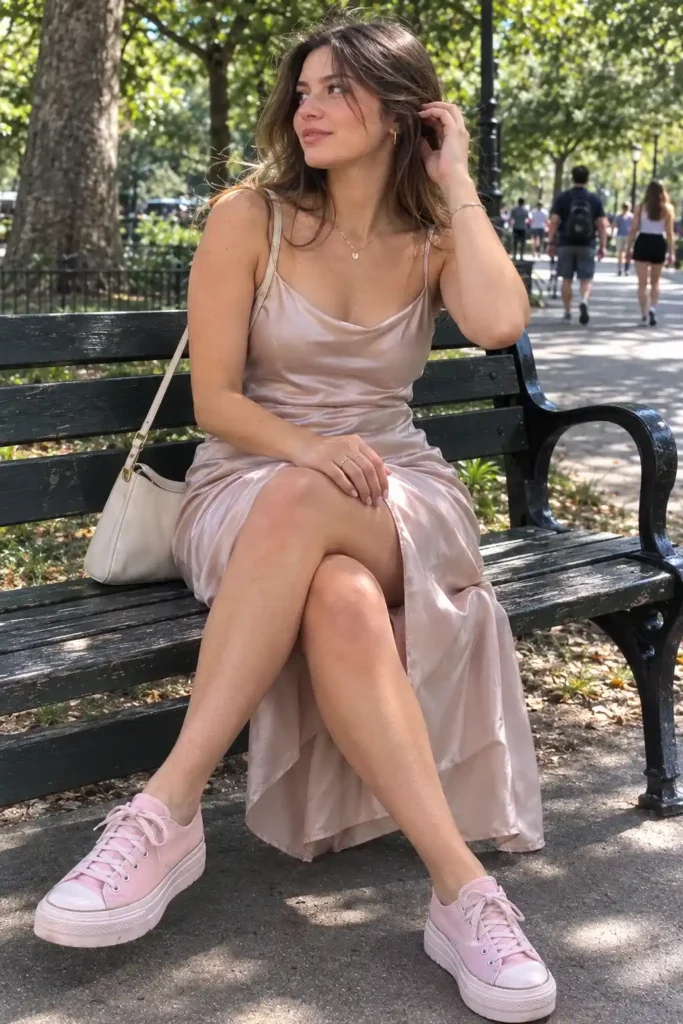 Pink platform sneakers with a slip dress