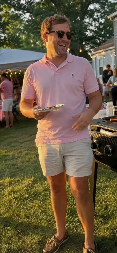 Pink polo with beige shorts