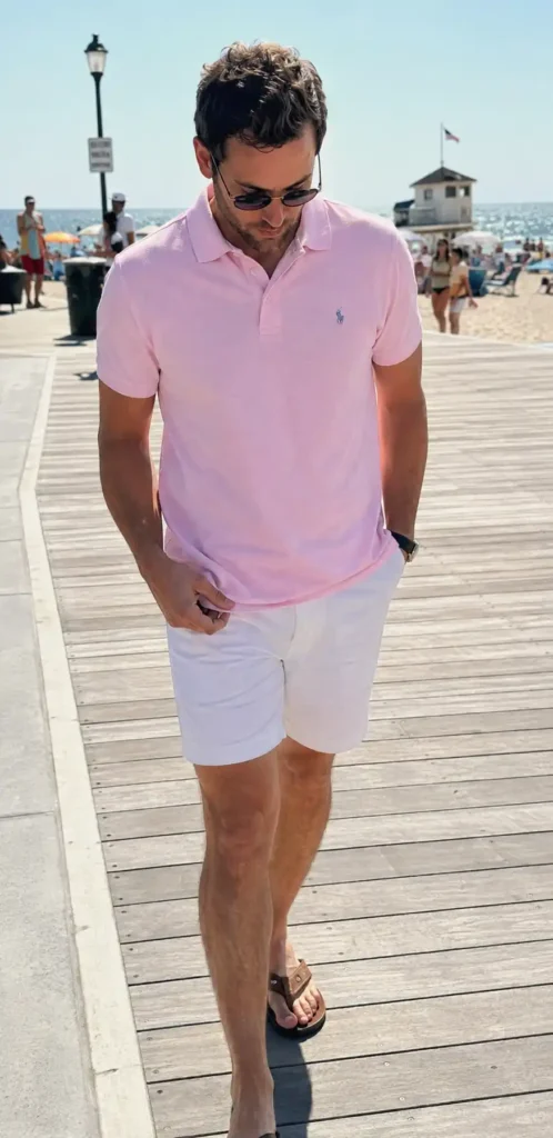 Pink polo with white shorts for summer