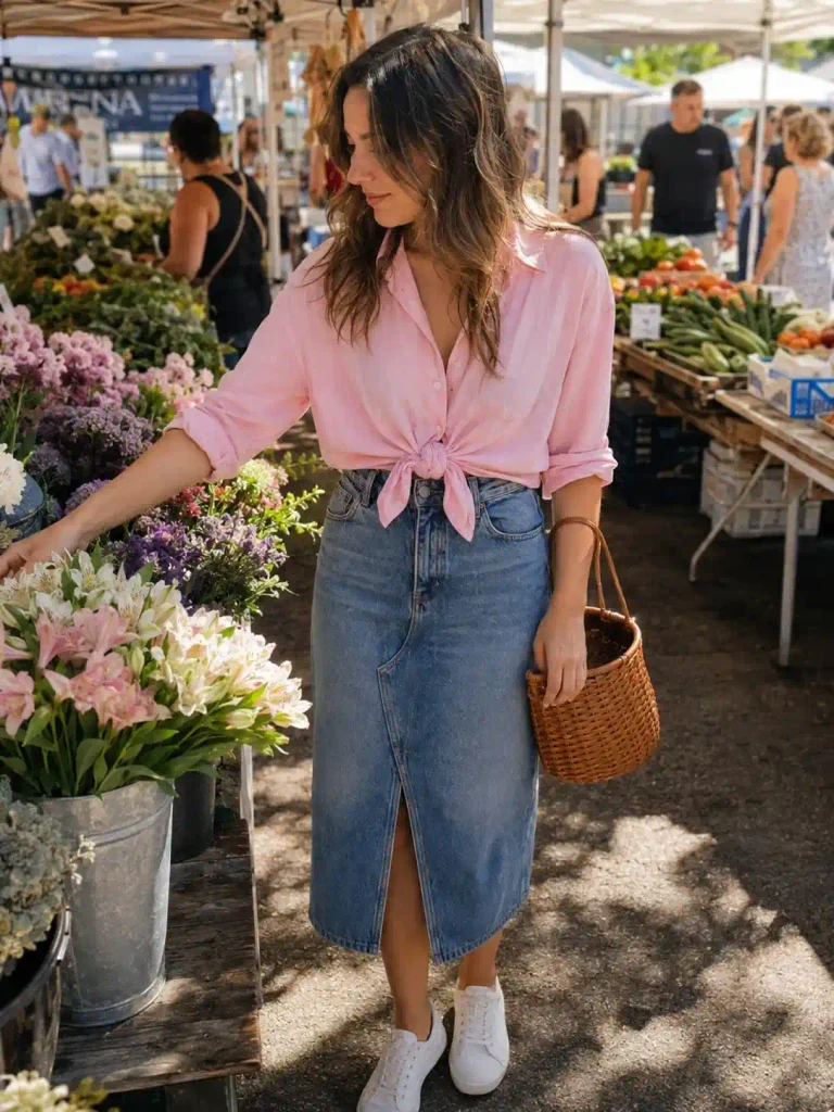 Pink shirt and a denim skirt