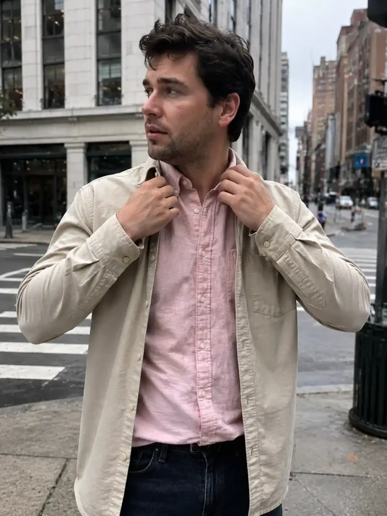 Pink shirt layered under a beige overshirt