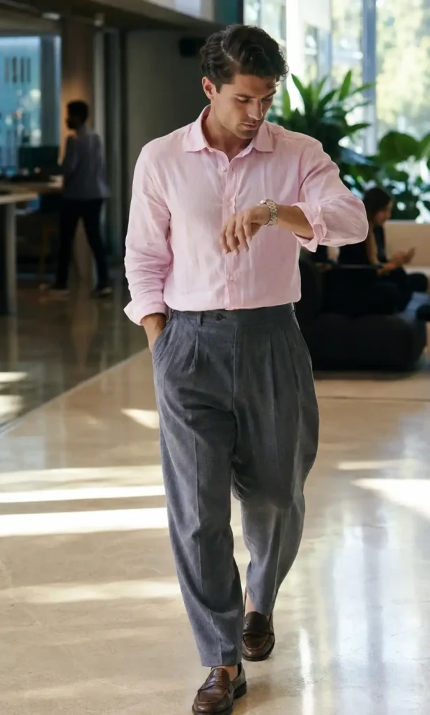 Pink shirt tucked into pleated trousers
