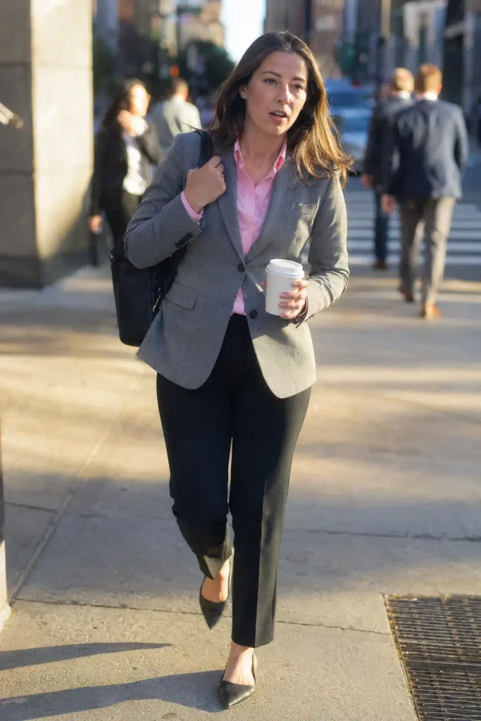 Pink shirt under a neutral blazer