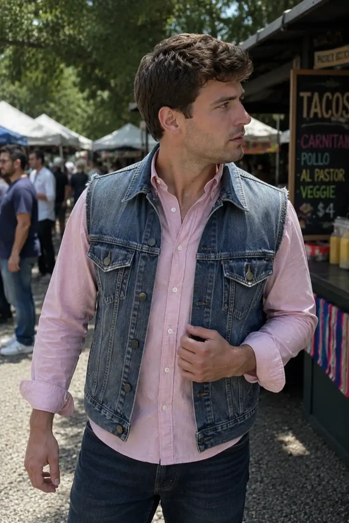Pink shirt with a denim vest