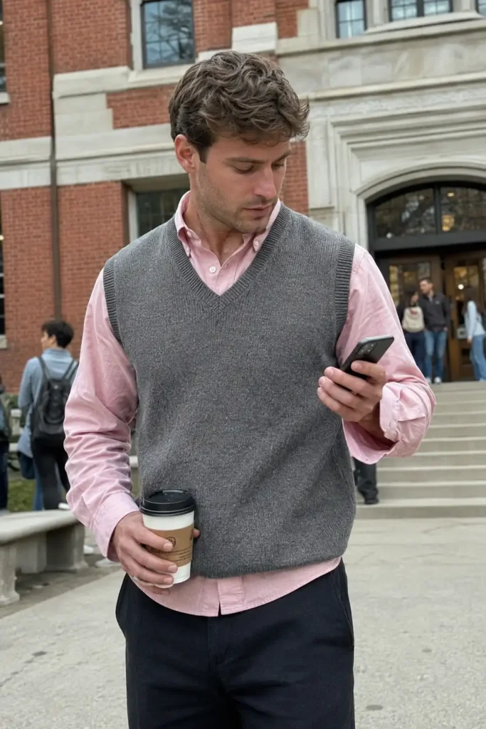 Pink shirt with a grey knit vest
