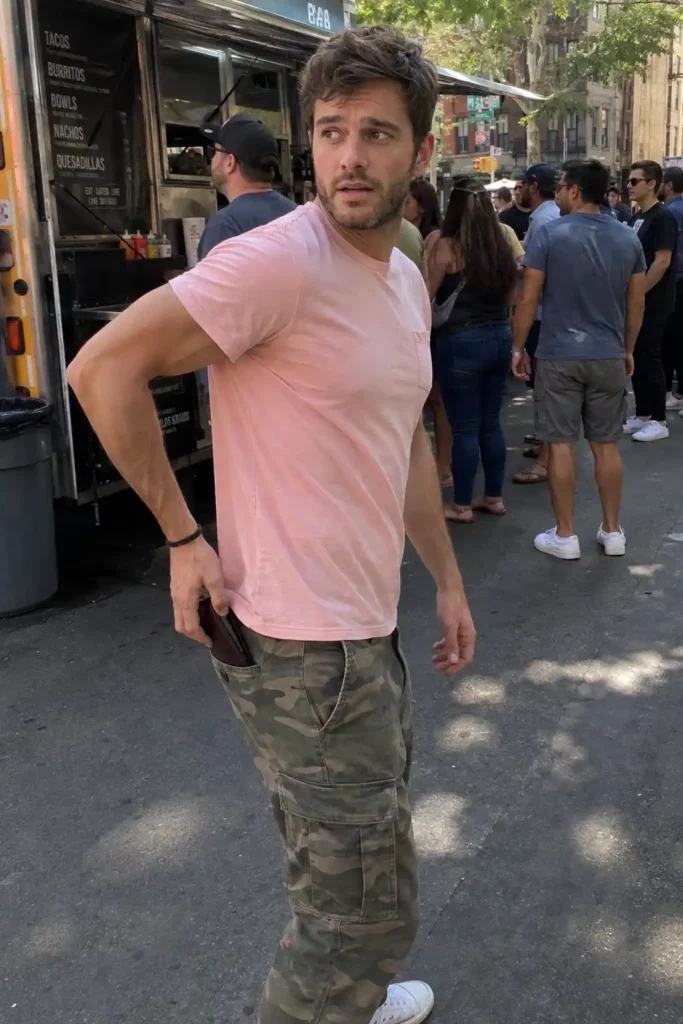 Pink shirt with camo pants