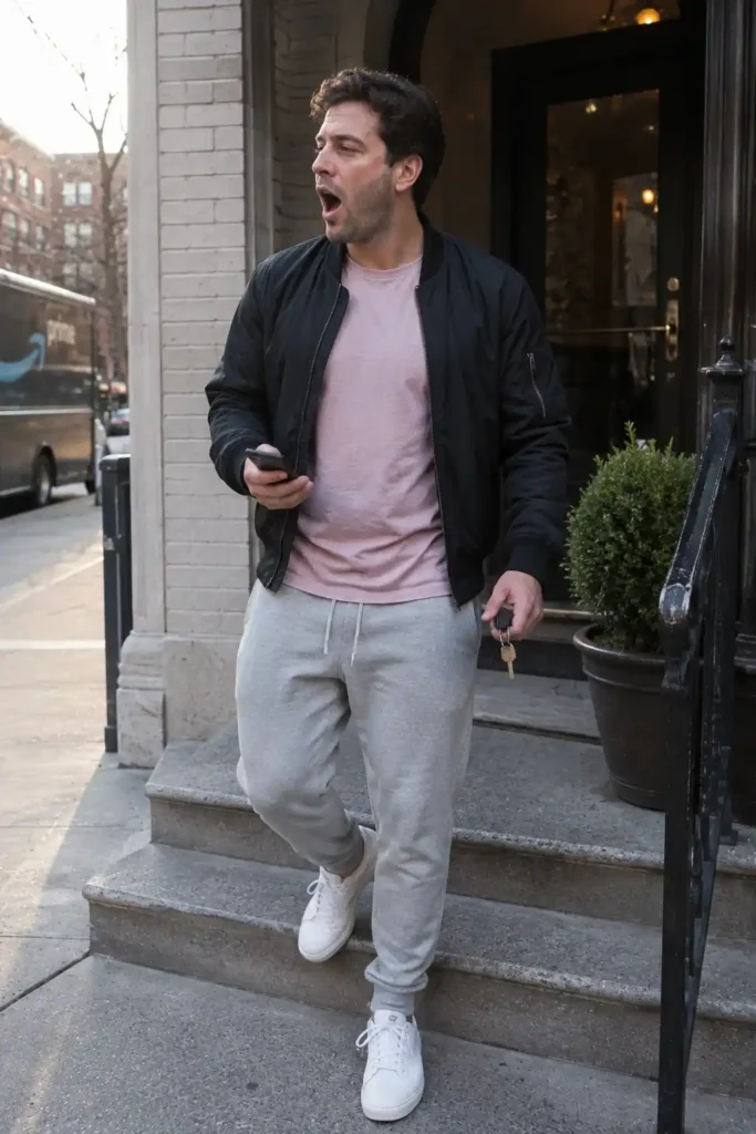 Pink shirt with grey sweatpants and a bomber jacket