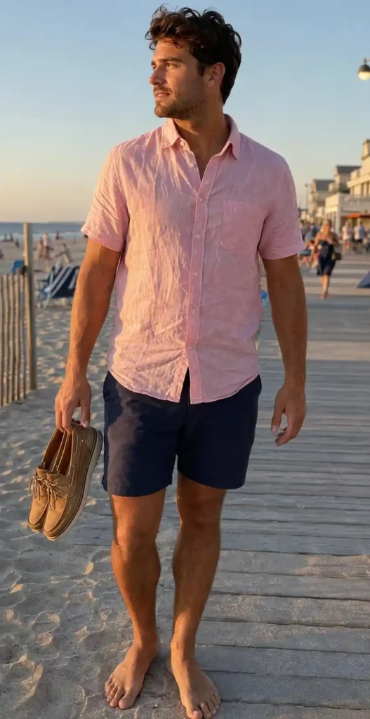Pink shirt with navy sho