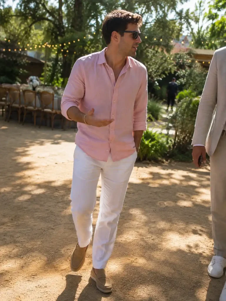 Pink shirt with white linen pants
