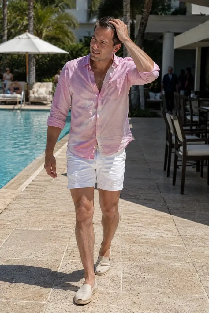 Pink shirt with white shorts and espadrilles