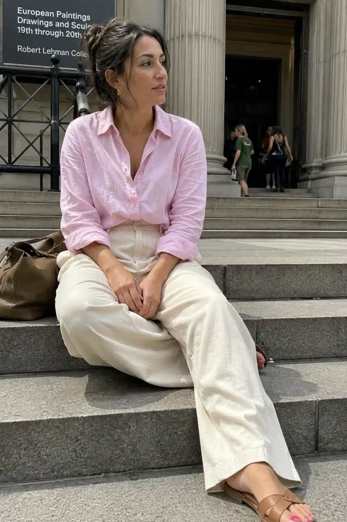 Pink shirt with wide-leg pants
