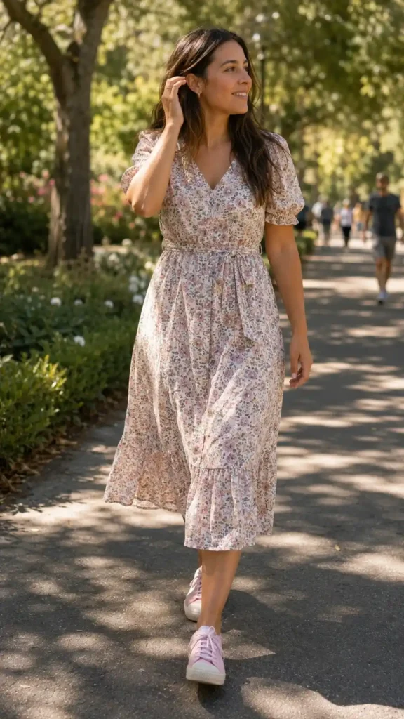 Pink sneakers with a floral dress