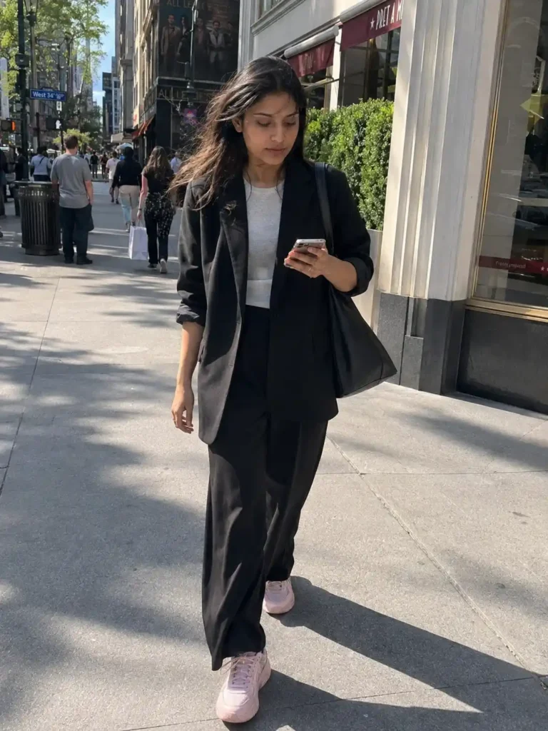 Pink sneakers with an oversized blazer
