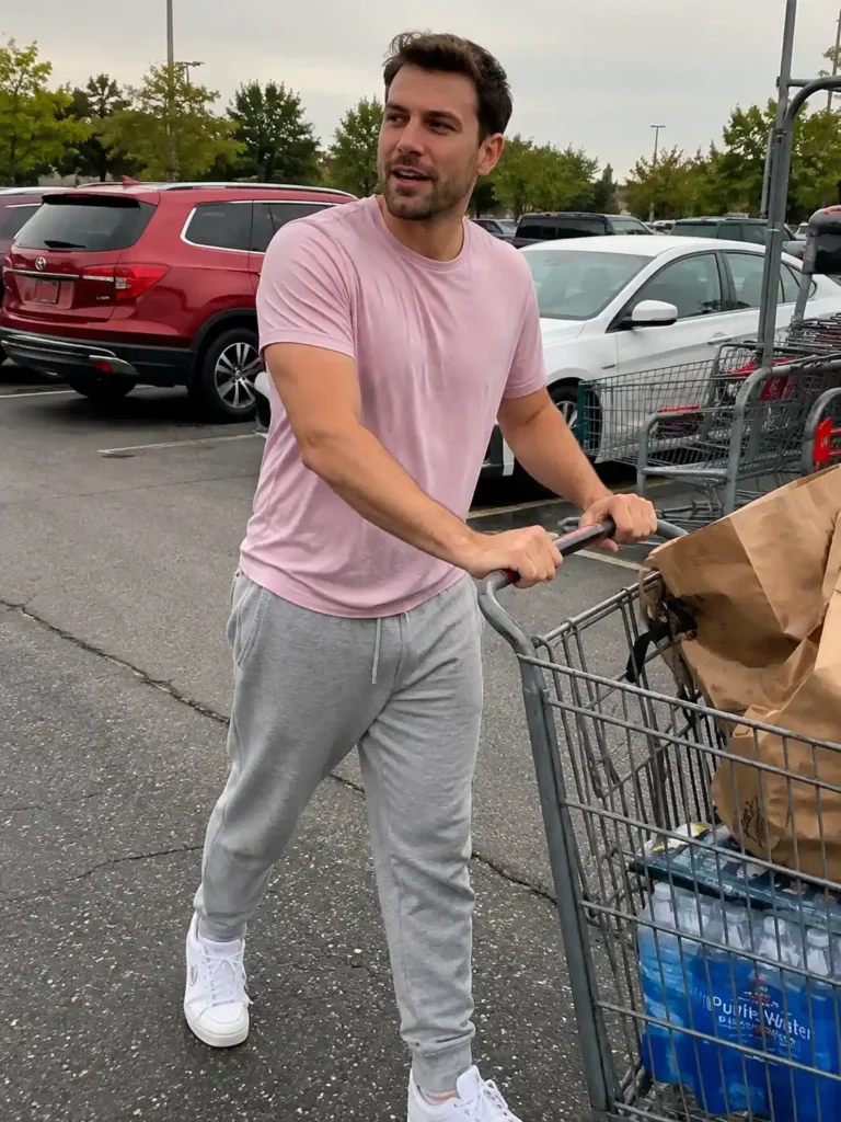 Pink tee with olive cargo pants
