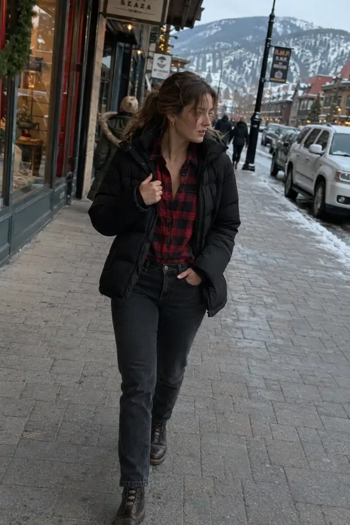 Plaid flannel layered under a puffer