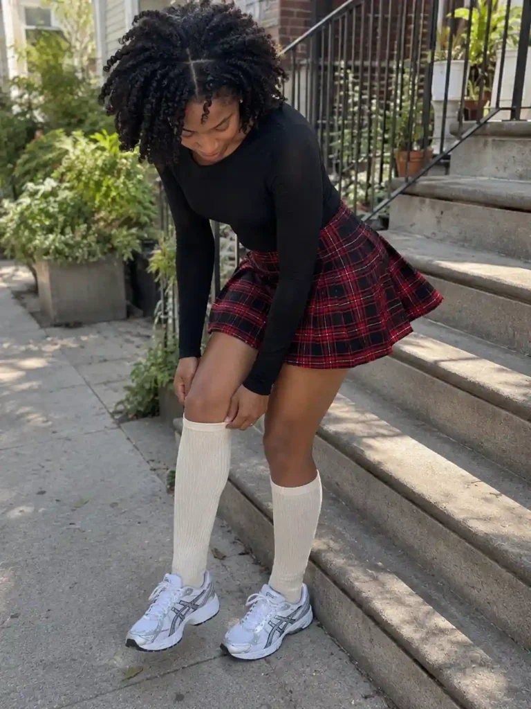 Plaid skirt and knee-high socks