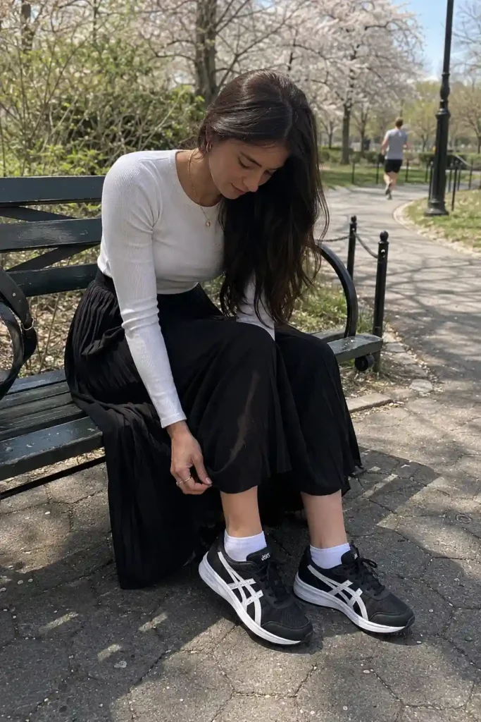 Pleated skirt and sporty top combo