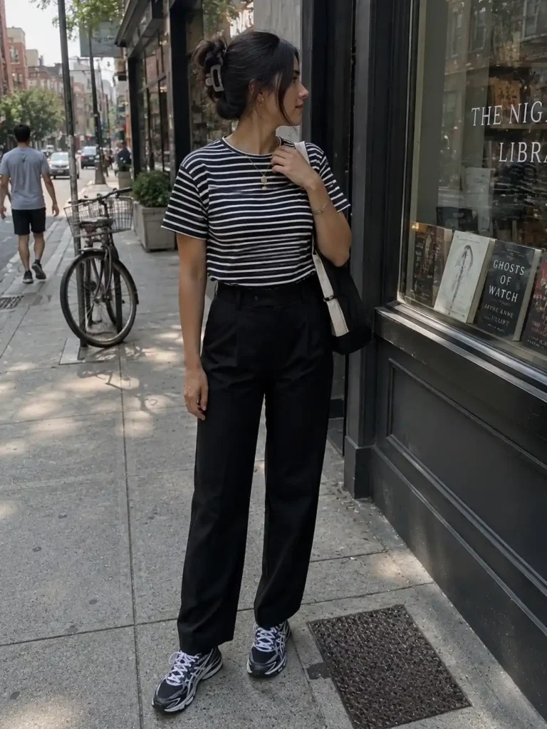 Preppy stripes meet sporty sneakers