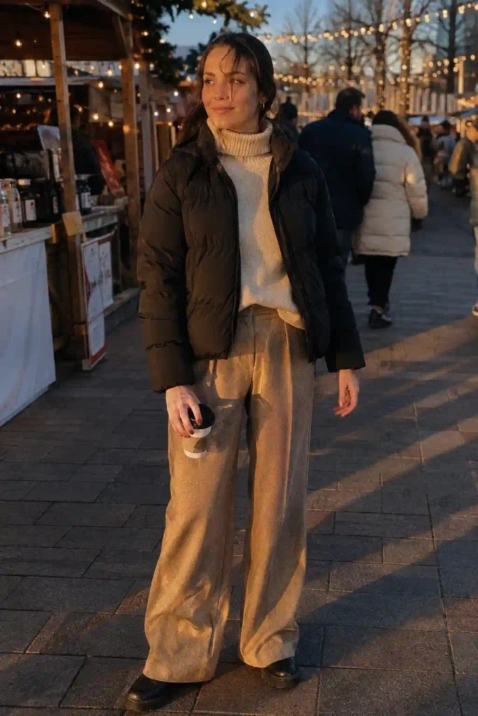 Puffer jacket with wide-leg trousers