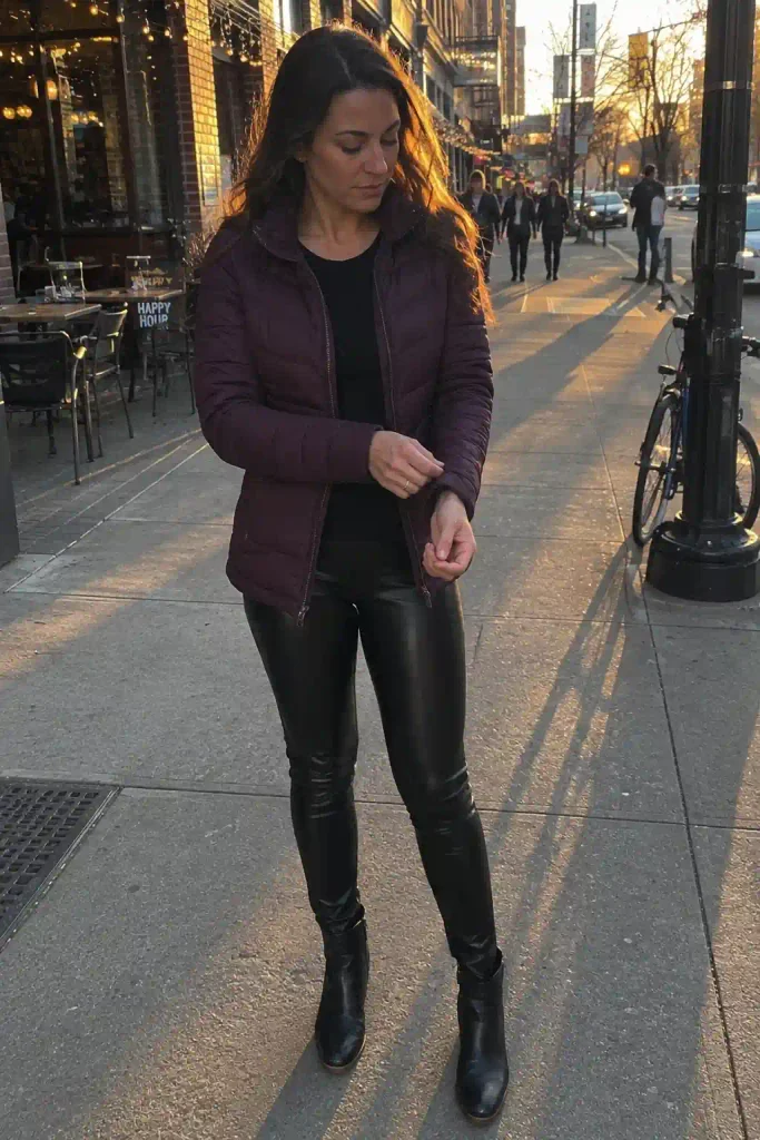 Puffer with leather leggings