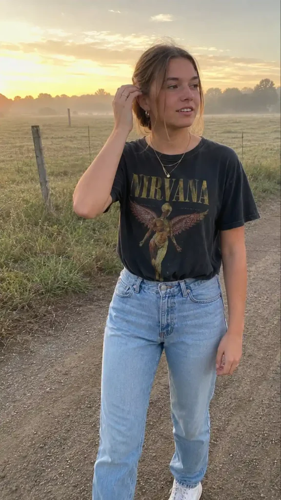 Retro band tee and high-waisted jeans