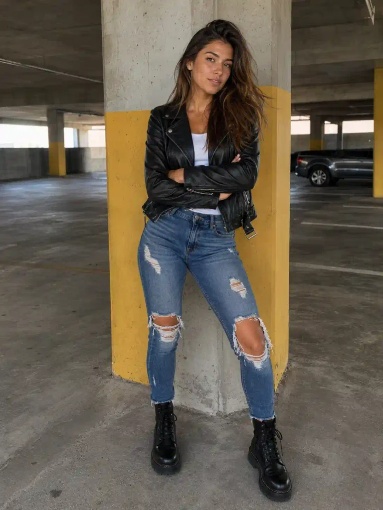 Ripped jeans and a leather jacket