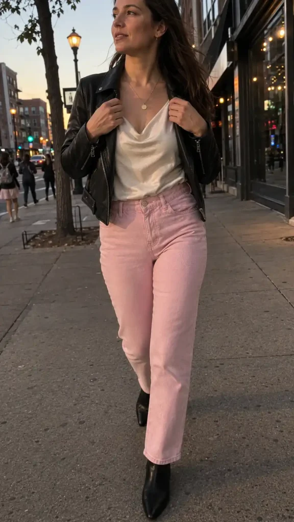 Satin cami with a leather jacket