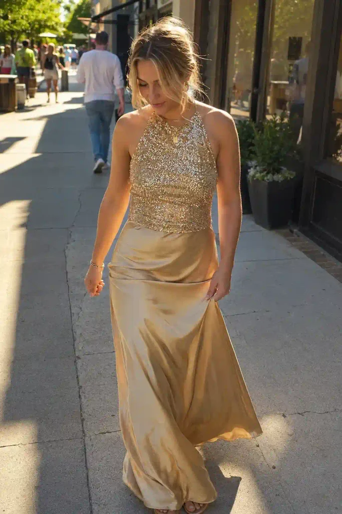 Sequin halter top paired with