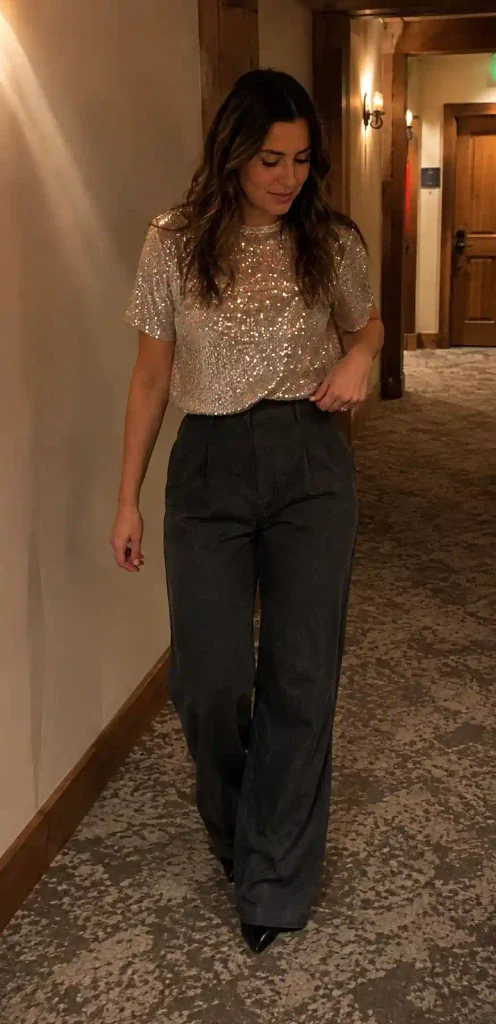 Sequined top with wide-leg wool trousers