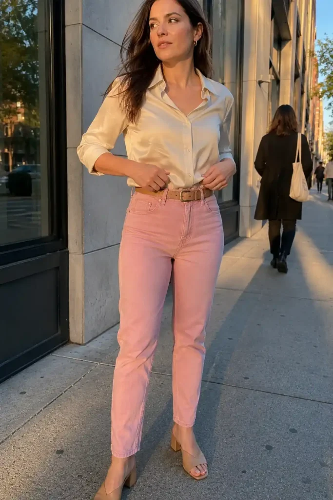 Silk button-down with a thin belt