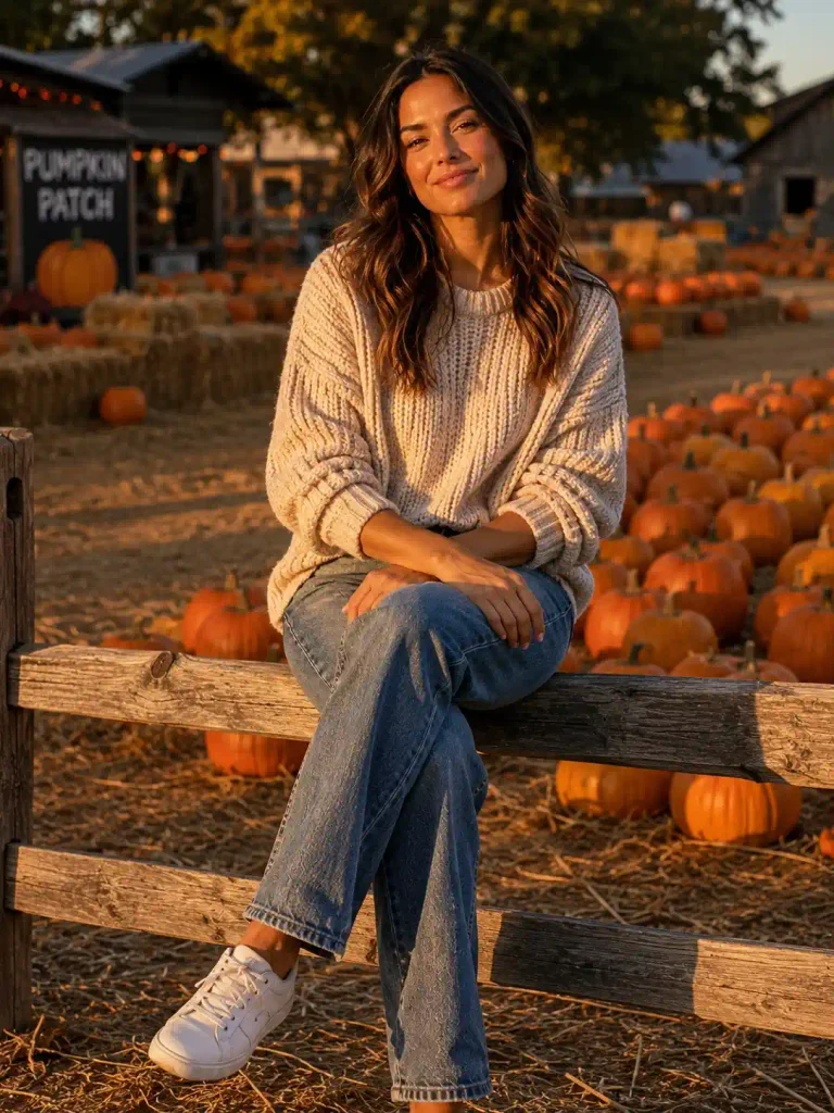 Straight jeans and a chunky knit sweater