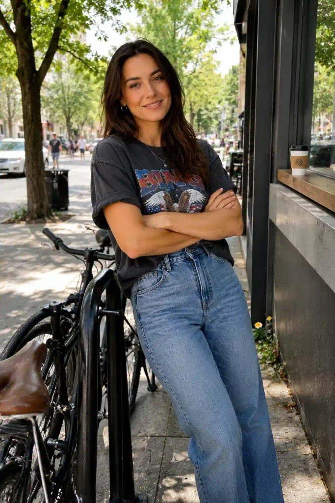 Straight-leg jeans and a graphic tee