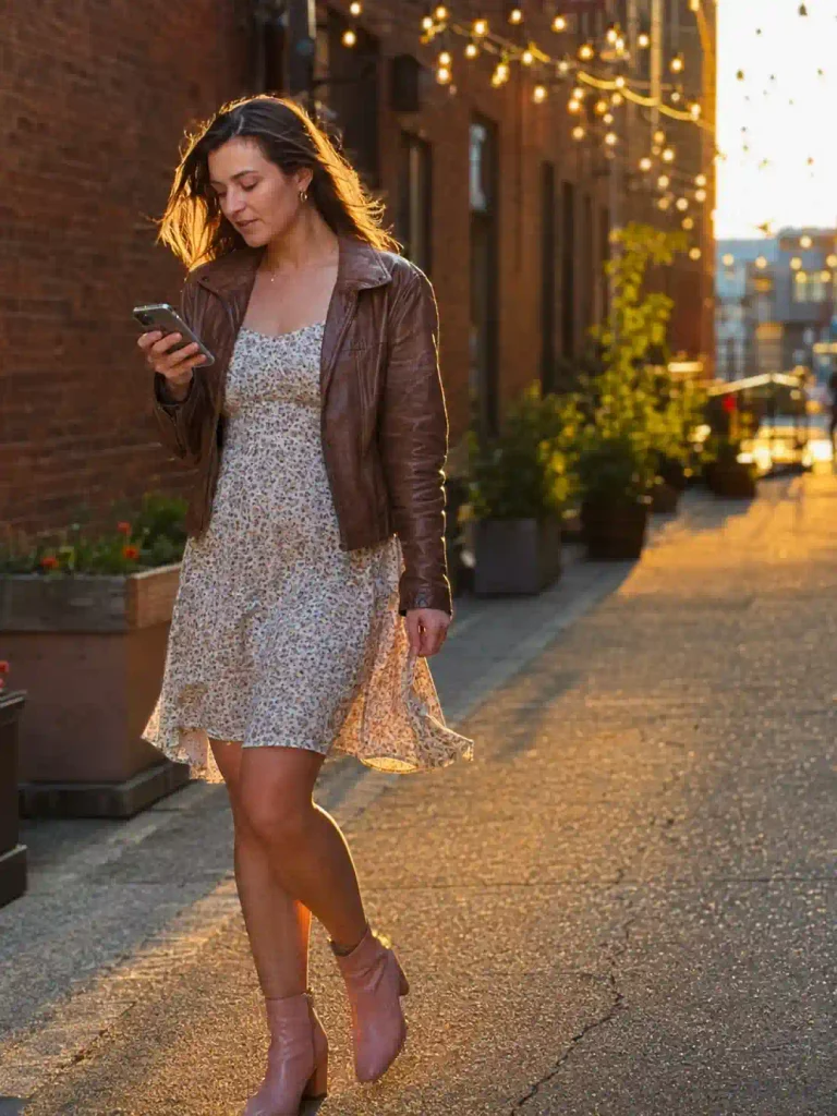 Sundress with a leather jacket.