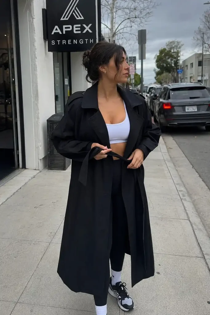 Trench coat over gym wear