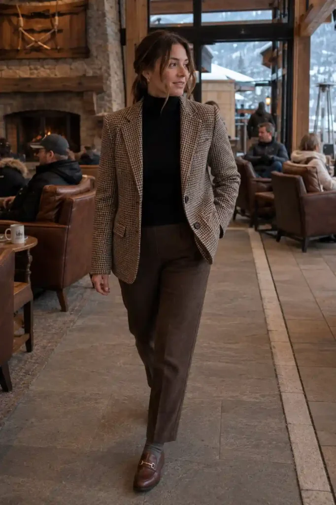 Tweed blazer over a turtleneck