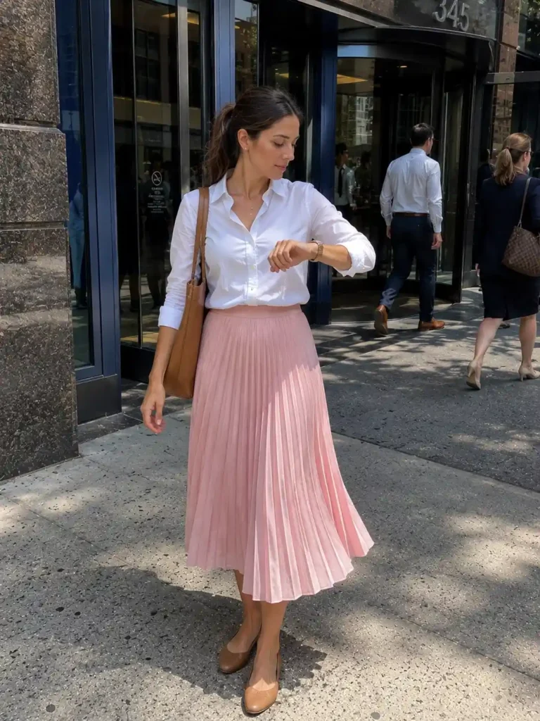 White button-down, pink midi skirt