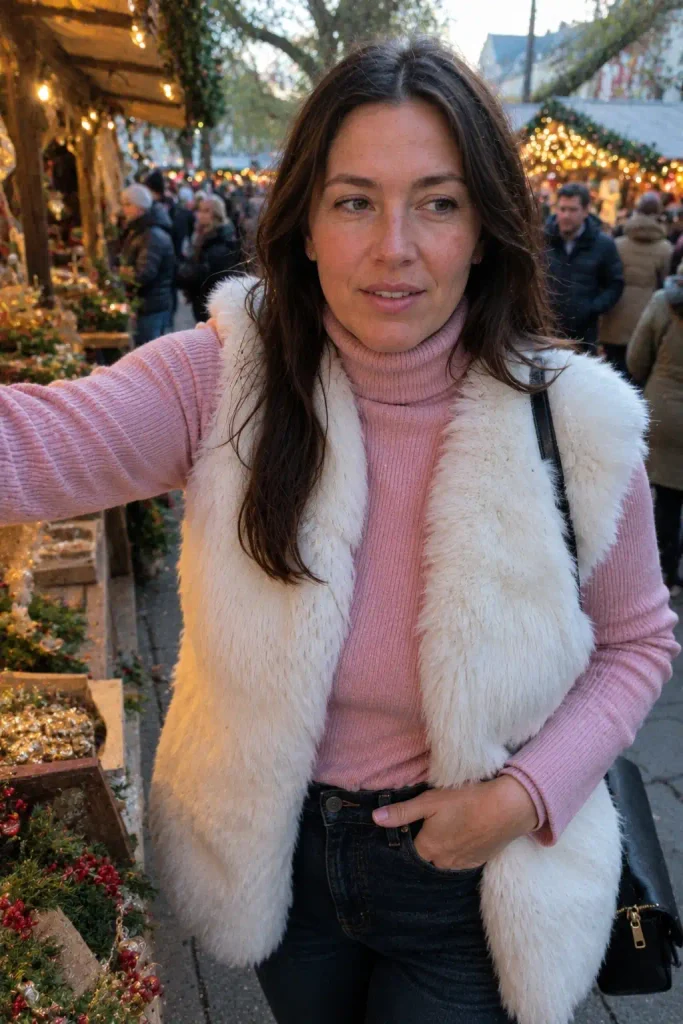 White faux fur vest over
