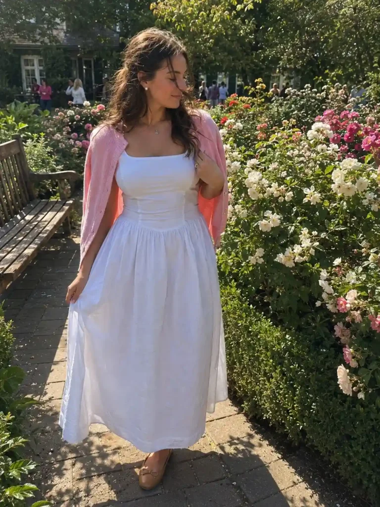 White sundress with a pink cardigan