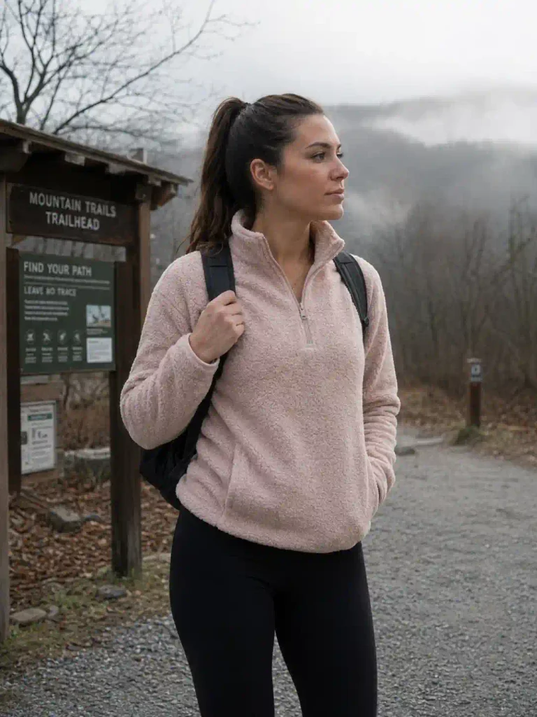 ight pink fleece pullover with black leggings