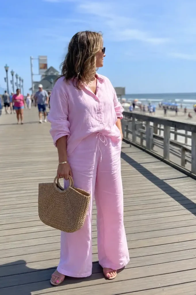ink linen sets, pink sandals, pink s