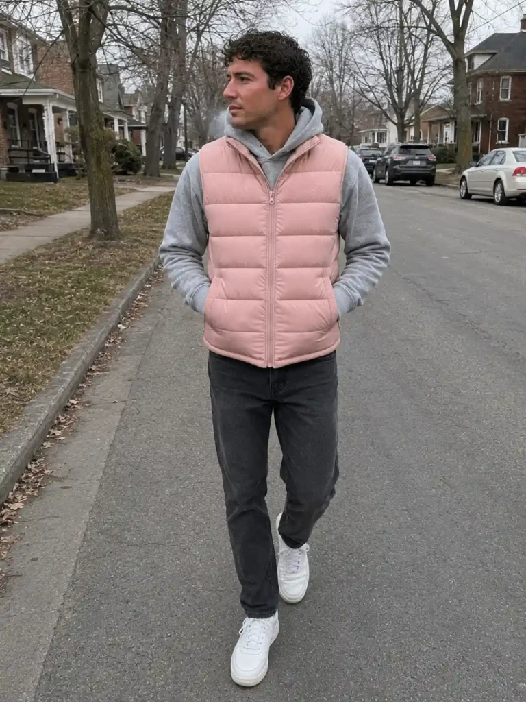 ink puffer vest over a hoodie