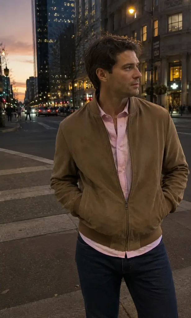 ink shirt with a suede bomber jacket