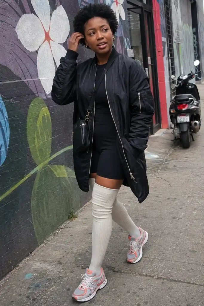 mber jacket and biker shorts