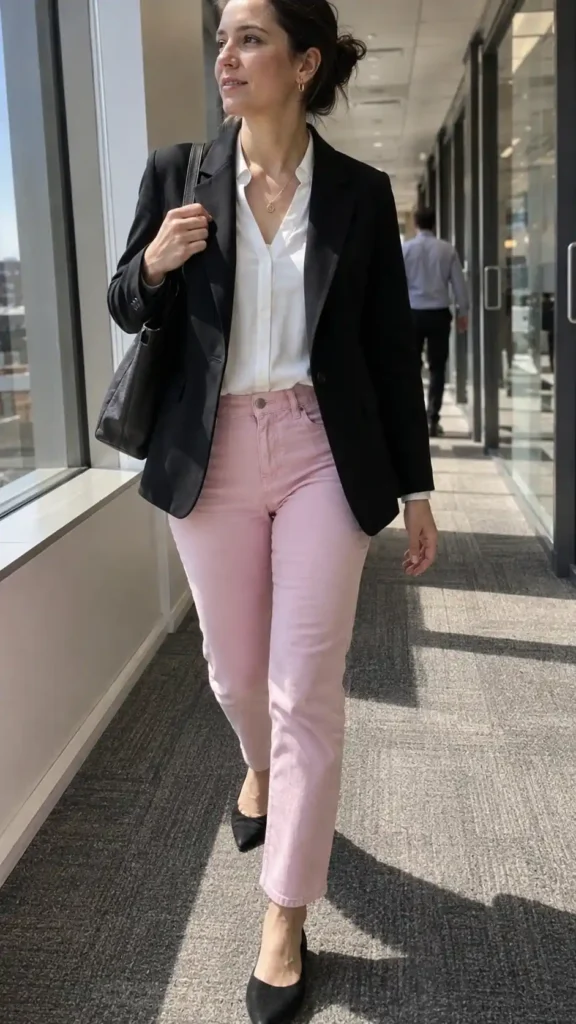 tructured blazer and pointed flats