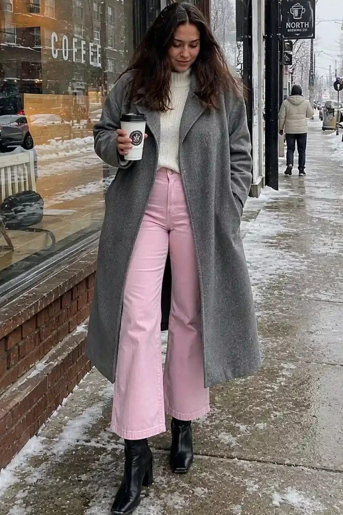 versized wool coat and knee-high boots