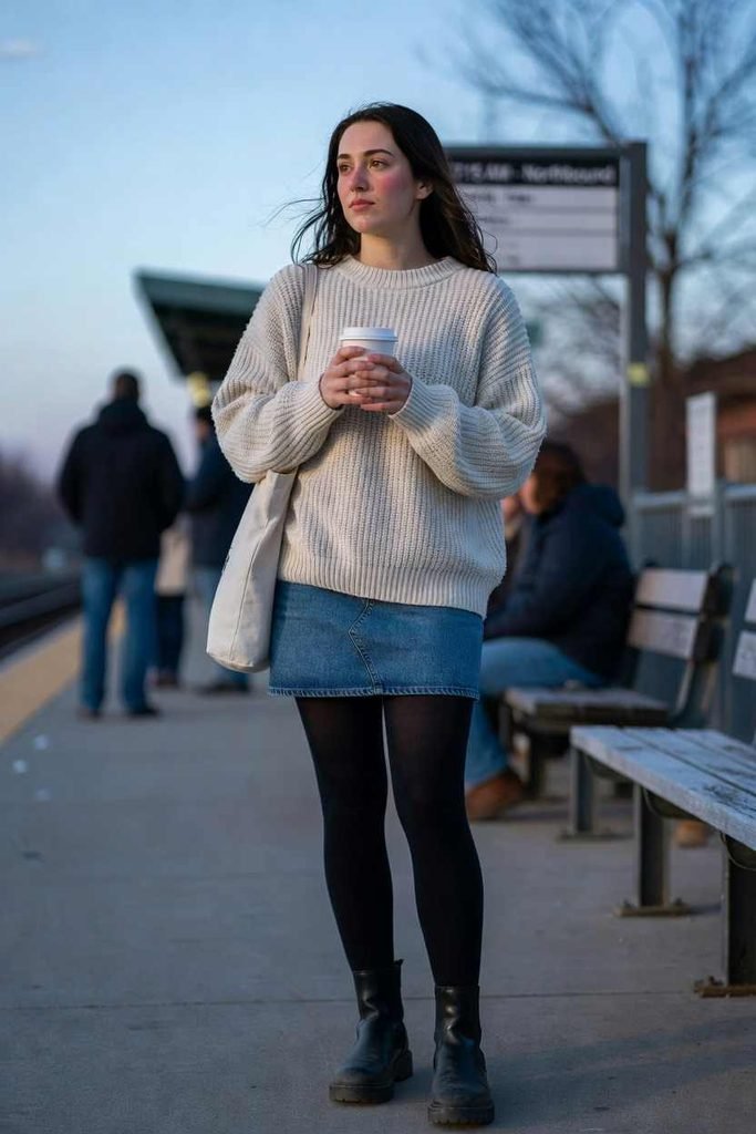 15. Denim skirt with tights and a chunky sweater