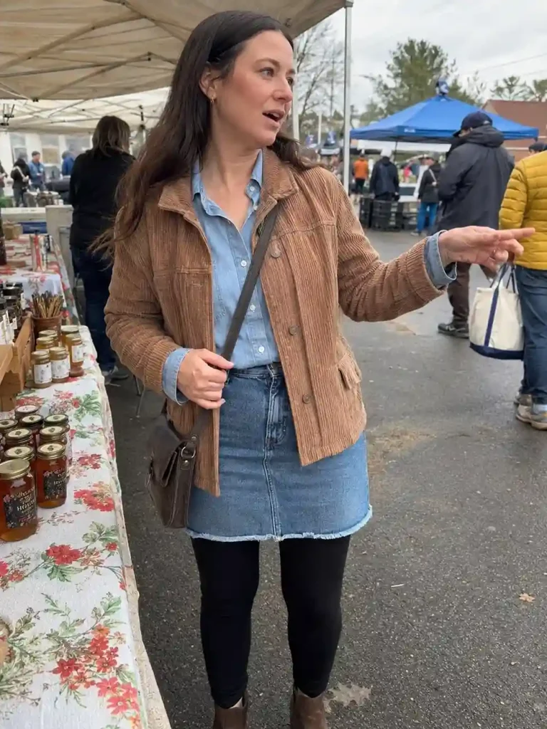 8. Corduroy jacket over a denim skirt