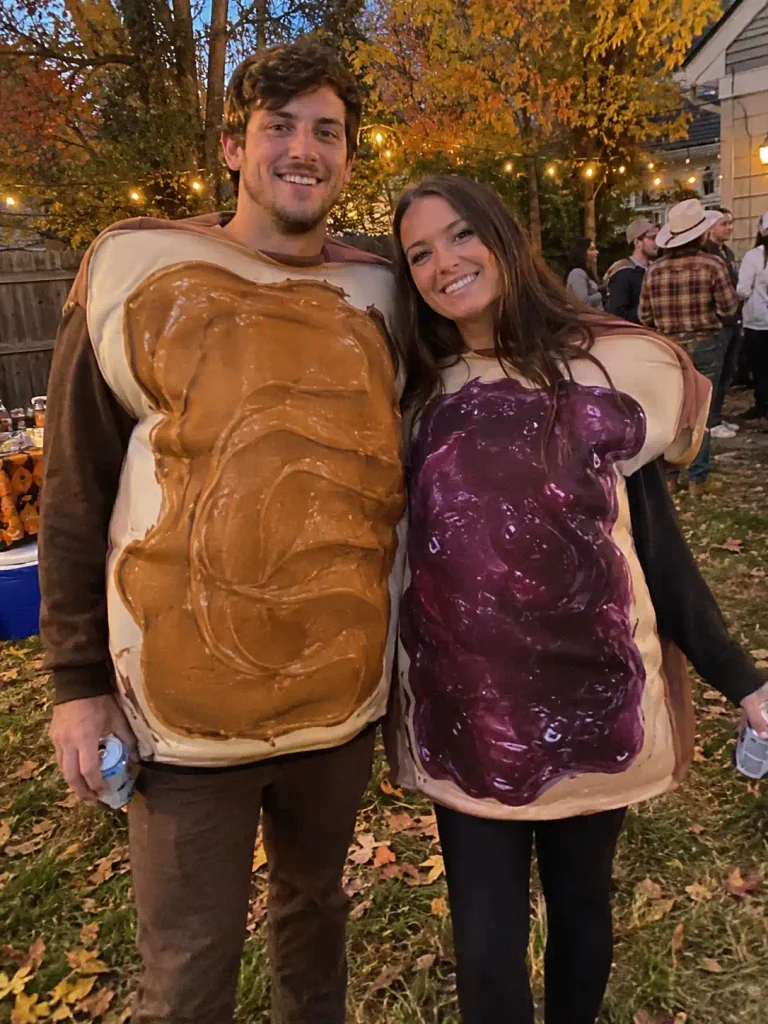 8. Peanut butter and jelly. Brown and purple outfits, felt shapes glued on if you want to get crafty. A costume this simple shouldn't work as well as it does, but it does every time.