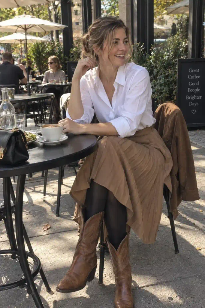 A button-down shirt and pleated skirt