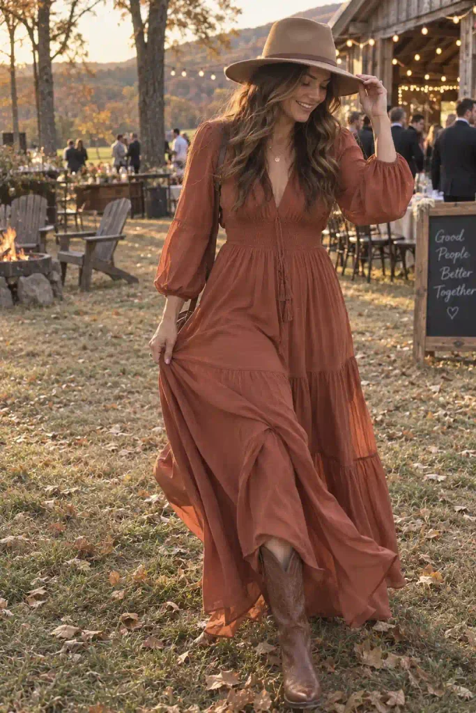 A maxi dress with a wide-brim hat